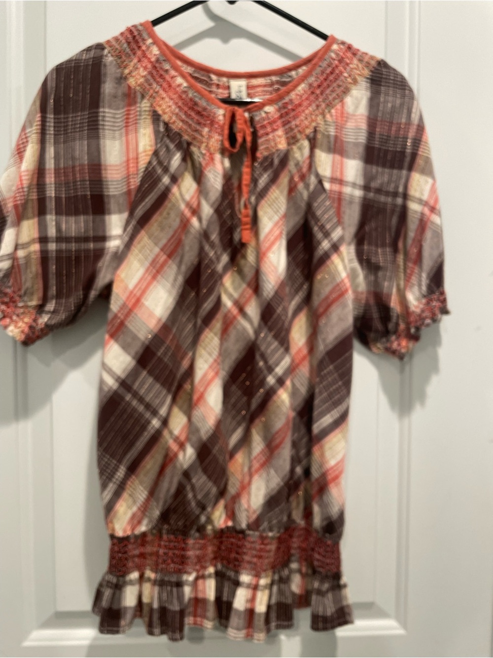 L.A. Blues Brown and Cream Plaid Smocked Peasant Blouse with Tie